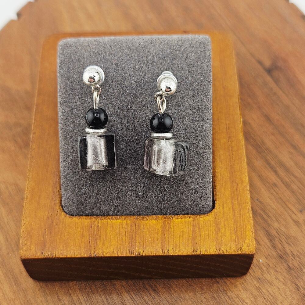 Silver Tone Post Style Square Bead Dangle Drop Earrings Black Clear Glass Simple